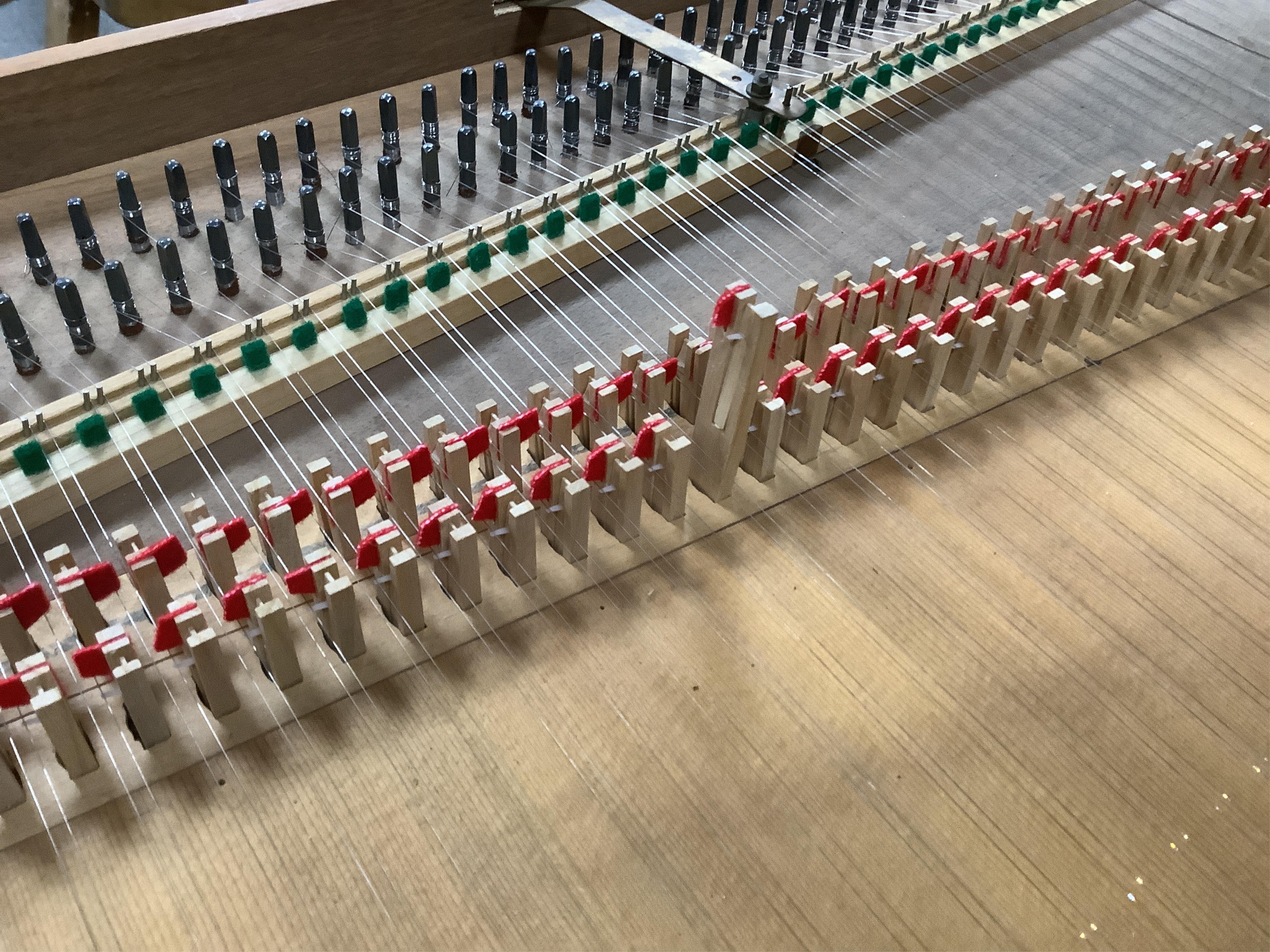 An Italian style single manual harpsichord built by Ian Gordon in 1989, in a walnut veneer case, Gordon is better known for his lutes, 54 note compass on small scale keys, and two stops, length 202cm